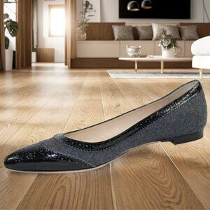 Oscar De La Renta Charcoal Tweed Black Patent Leather Detail Ballet Flats